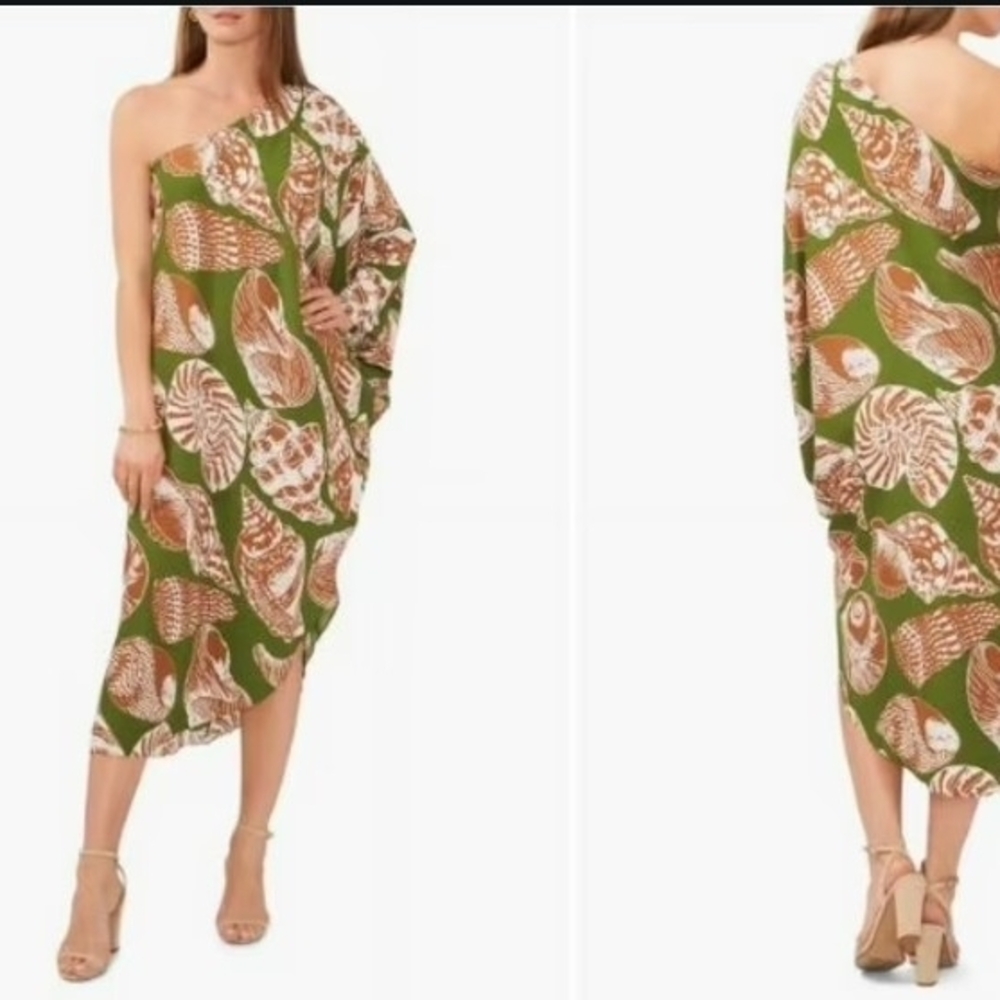Vince Camuto One-Shoulder Olive and Tan Sea Shells Dress